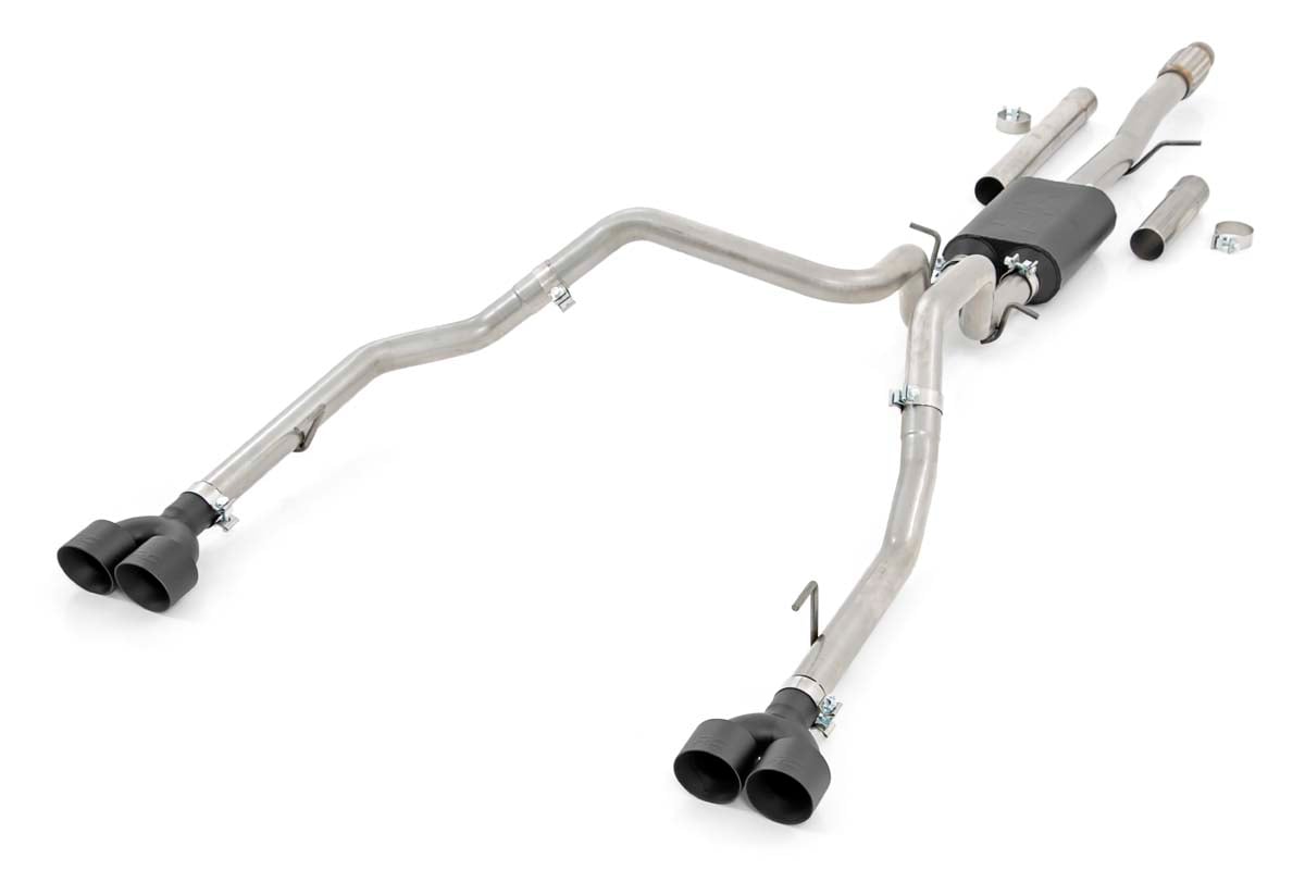 GMC Sierra 1500 Performance Exhaust - Rear - Rough Country - Dual Cat-Back, Stainless, RC Logo Tips - Black - '19-'24